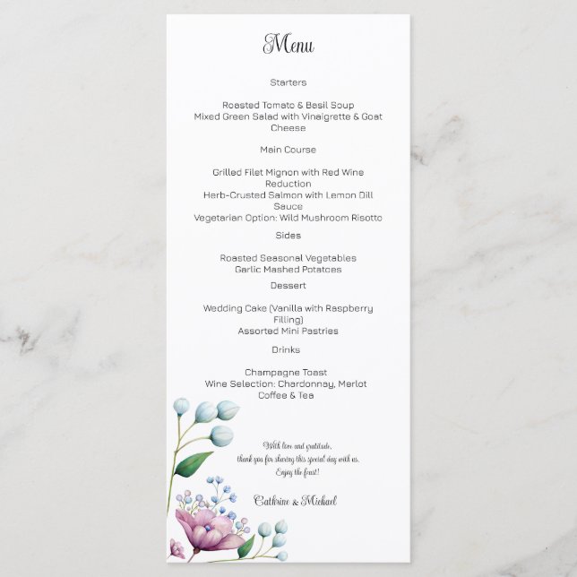 Elegant Floral Wedding Soft Botanical Romance Menu (Front)