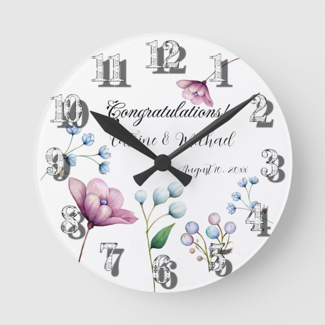 Elegant Floral Wedding Soft Botanical Romance Round Clock (Front)