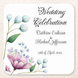 Elegant Floral Wedding Soft Botanical Romance Square Paper Coaster