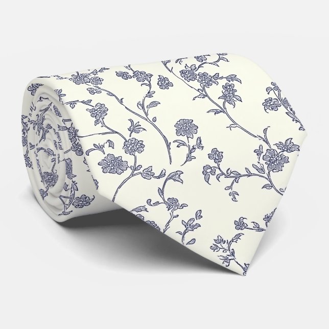 Elegant floral white blue neck tie (Rolled)