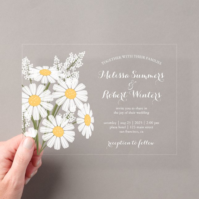 Elegant Floral White Daisies Bouquet Wedding Acrylic Invitations (Insitu (Handheld))