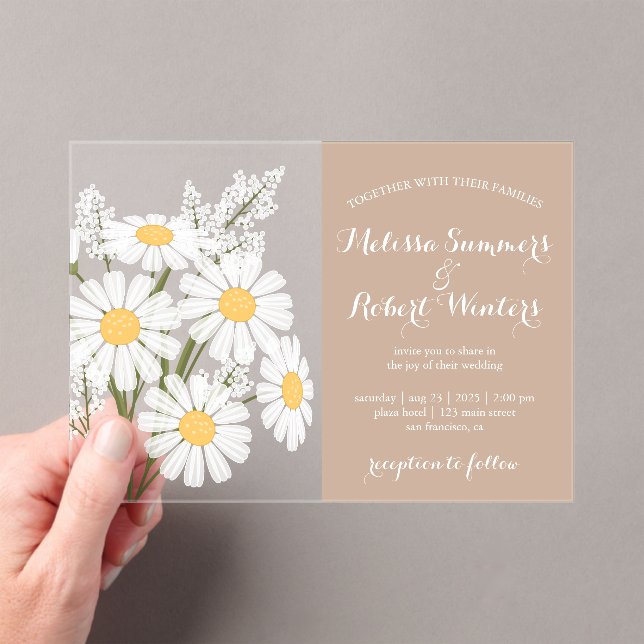 Elegant Floral White Daisies Bouquet Wedding Beige Acrylic Invitations (Insitu (Handheld))