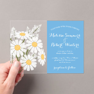 Elegant Floral White Daisies Bouquet Wedding Blue Acrylic Invitations