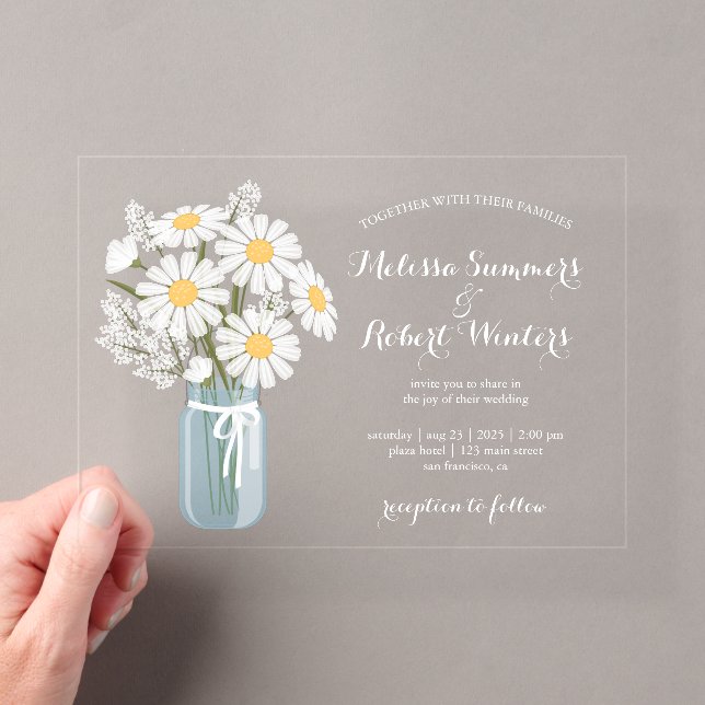 Elegant Floral White Daisies Mason Jar Wedding Acrylic Invitations (Insitu (Handheld))