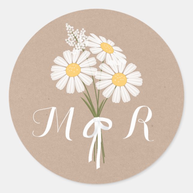 Elegant Floral White Daisies Monogram Wedding Classic Round Sticker (Front)