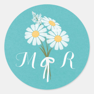 Elegant Floral White Daisies Monogram Wedding Classic Round Sticker