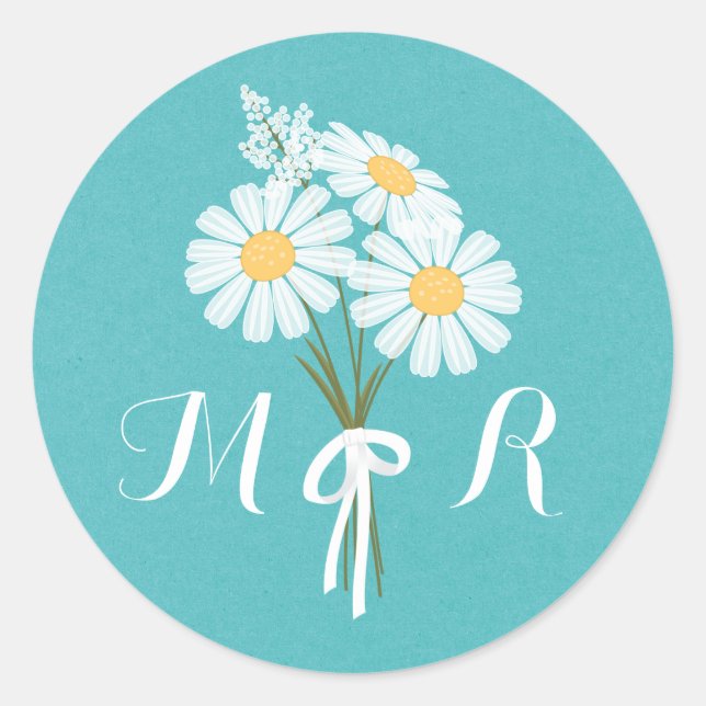 Elegant Floral White Daisies Monogram Wedding Classic Round Sticker (Front)