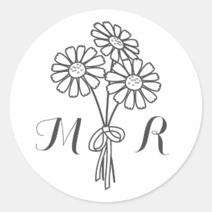 Elegant Floral White Daisies Monogram Wedding Classic Round Sticker