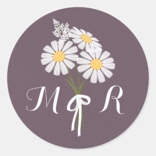 Elegant Floral White Daisies Monogram Wedding Classic Round Sticker
