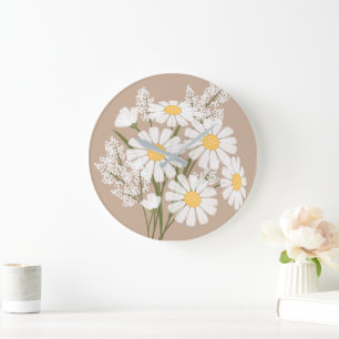 Elegant Floral White Daisies on Beige Large Clock