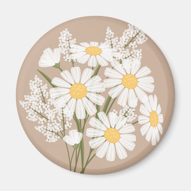 Elegant Floral White Daisies on Beige Magnet (Front)