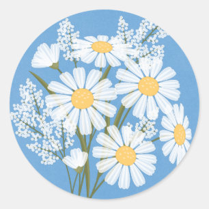 Elegant Floral White Daisies on Blue Wedding Classic Round Sticker