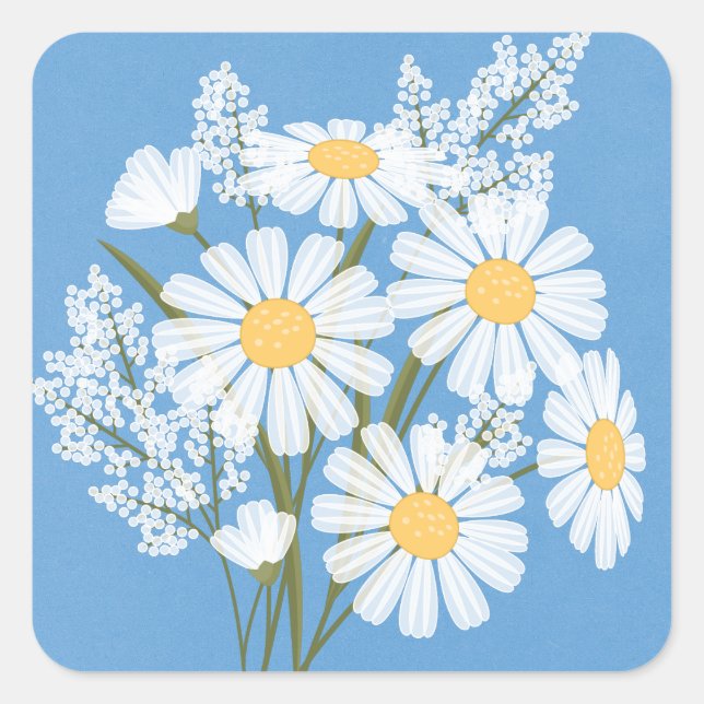 Elegant Floral White Daisies on Blue Wedding Square Sticker (Front)