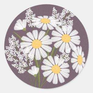 Elegant Floral White Daisies on Plum Wedding Classic Round Sticker