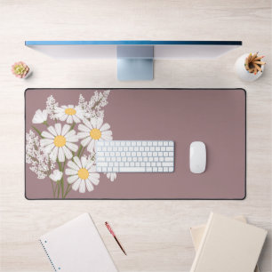 Elegant Floral White Daisies on Rosy Brown Desk Mat