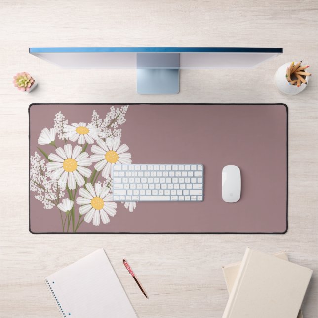 Elegant Floral White Daisies on Rosy Brown Desk Mat (Office 1)