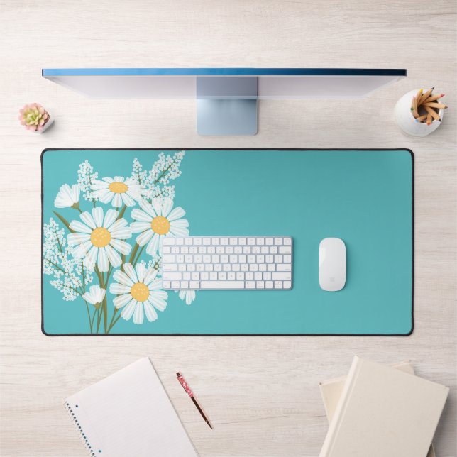 Elegant Floral White Daisies on Teal Desk Mat (Office 1)