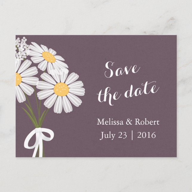 Elegant Floral White Daisies Plum Save the Date Announcement Postcard (Front)
