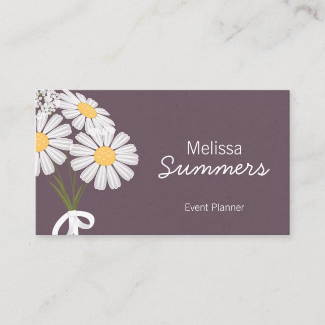 Elegant Floral White Daisies Rustic Business Card (Front)