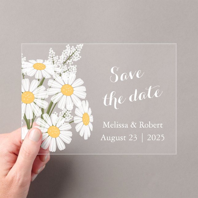 Elegant Floral White Daisies Save the Date Acrylic Invitations (Insitu (Handheld))
