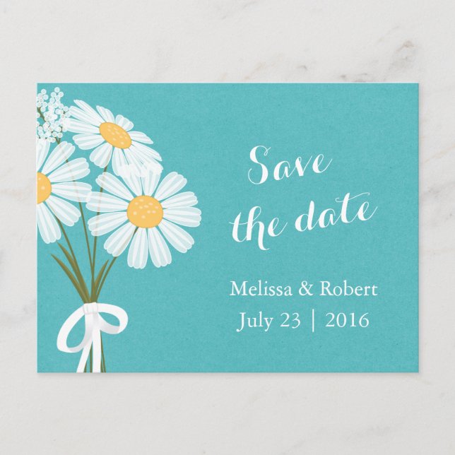 Elegant Floral White Daisies Teal Save the Date  Announcement Postcard (Front)