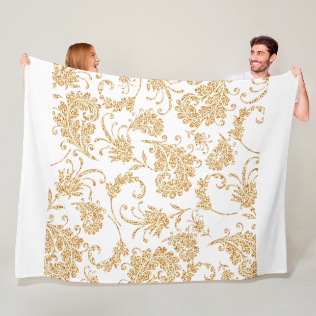 Elegant Floral White Gold Fleece Blanket (In Situ)