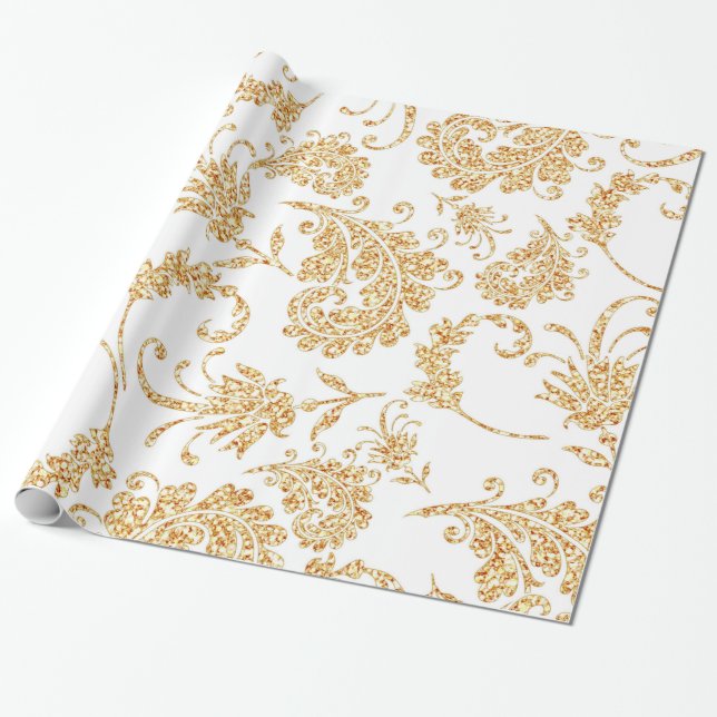 Elegant Floral White Gold Wrapping Paper (Unrolled)
