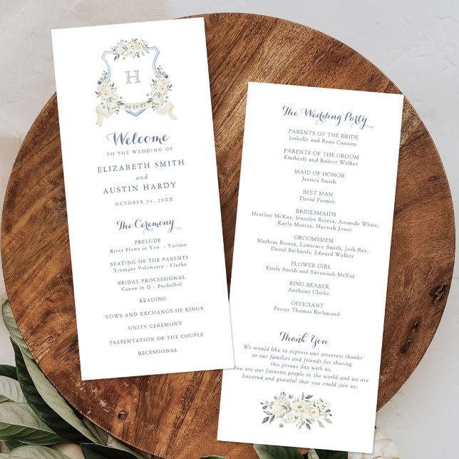 Elegant Floral White Greenery Crest Blue Wedding Program (Creator Uploaded)