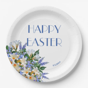 Elegant Floral White Lilies Blue 'Happy Easter' Paper Plate