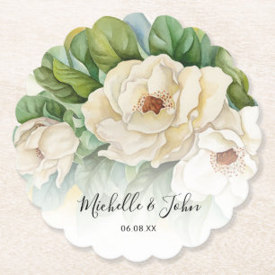 Elegant Floral White Magnolia Names Script Wedding Paper Coaster