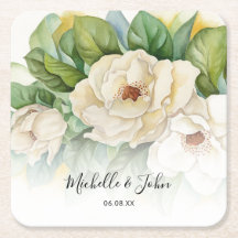 Elegant Floral White Magnolia Script Names Wedding