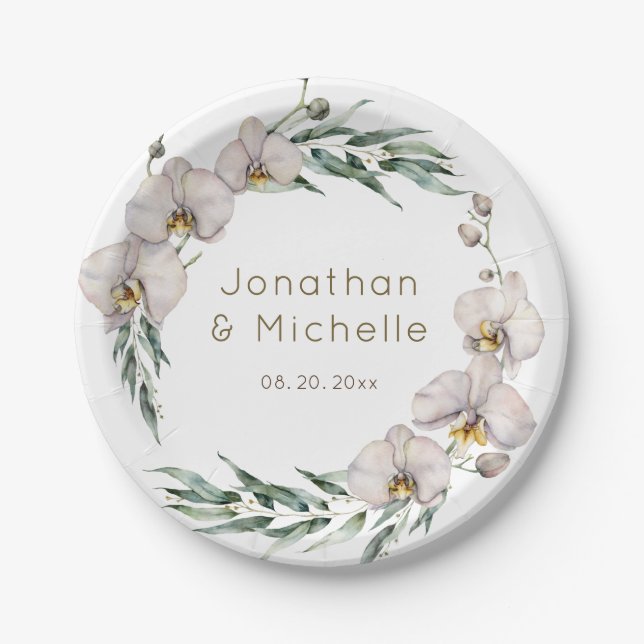 Elegant Floral White Orchids Personalized Wedding Paper Plate (Front)