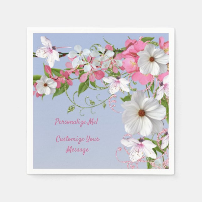 Elegant Floral White Pink Flowers Personalized Napkin (Front)