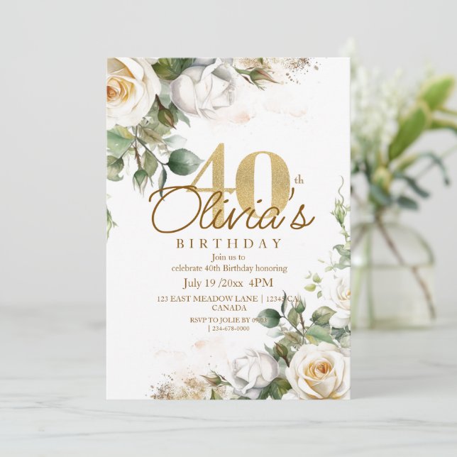 Elegant Floral White Roses & Gold 40th Birthday Invitation (Standing Front)