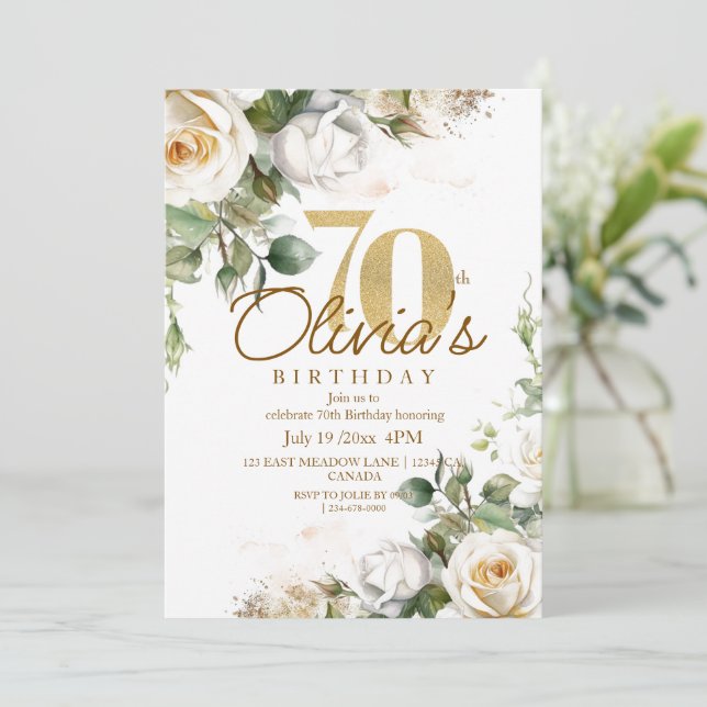 Elegant Floral White Roses & Gold 70th Birthday Invitation (Standing Front)