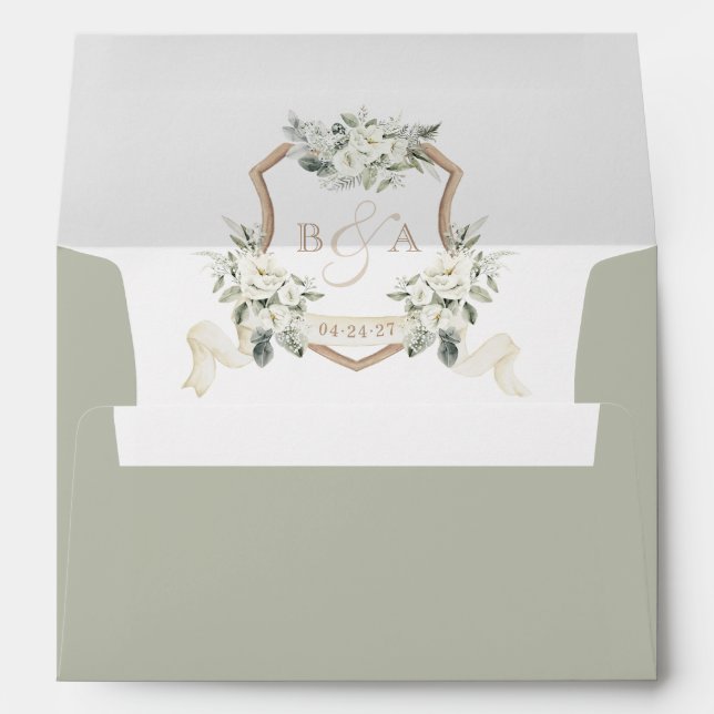 Elegant Floral White Sage Wedding Crest Envelope (Back (Bottom))