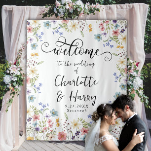 Elegant Floral  Wildflower Wedding Backdrop Banner Tapestry