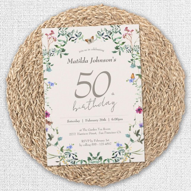  Elegant Floral Wildflowers 50th Birthday Party Invitation (Elegant 50th Birthday Wildflowers Floral Invitation)
