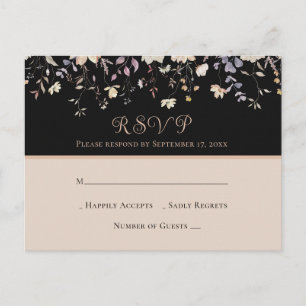 Elegant Floral Wildflowers Black Boho Wedding RSVP Postcard