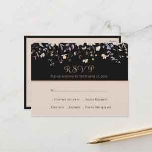 Elegant Floral Wildflowers Black Boho Wedding RSVP Postcard