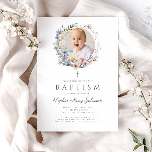 Elegant Floral Wildflowers Photo Baptism Invitation