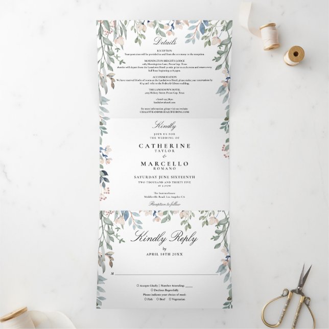 Elegant Floral Wildflowers Photo Wedding Tri-Fold Invitation (Inside)