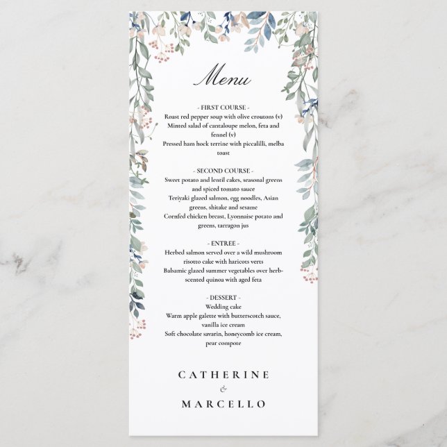 Elegant Floral Wildflowers Wedding Dinner Menu (Front)
