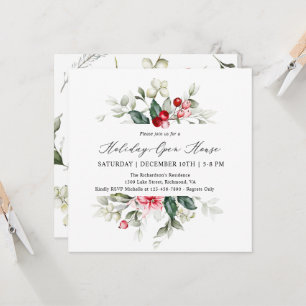Elegant Floral Winter Berries Holiday Open House   Invitation