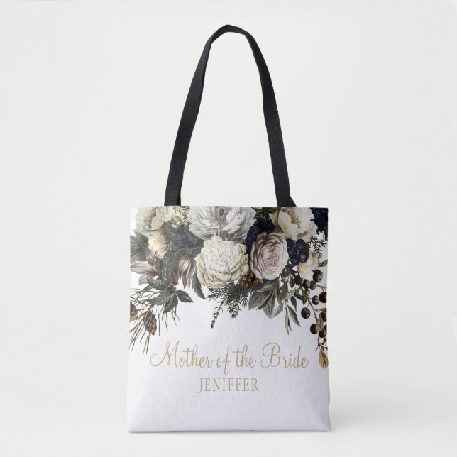 Elegant floral winter chic wedding bridesmaid tote bag (Front)
