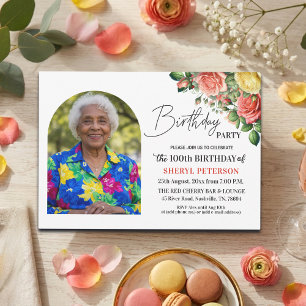 Elegant Floral with Photo 100th Birthday Party  Invitation