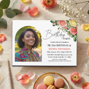 Elegant Floral with Photo 21st Birthday Party  Invitation
