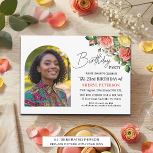 Elegant Floral with Photo 23rd Birthday Party Invitation