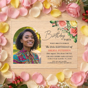 Elegant Floral with Photo 25th Birthday Party Acrylic Invitations