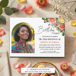 Elegant Floral with Photo 29th Birthday Party Invitation